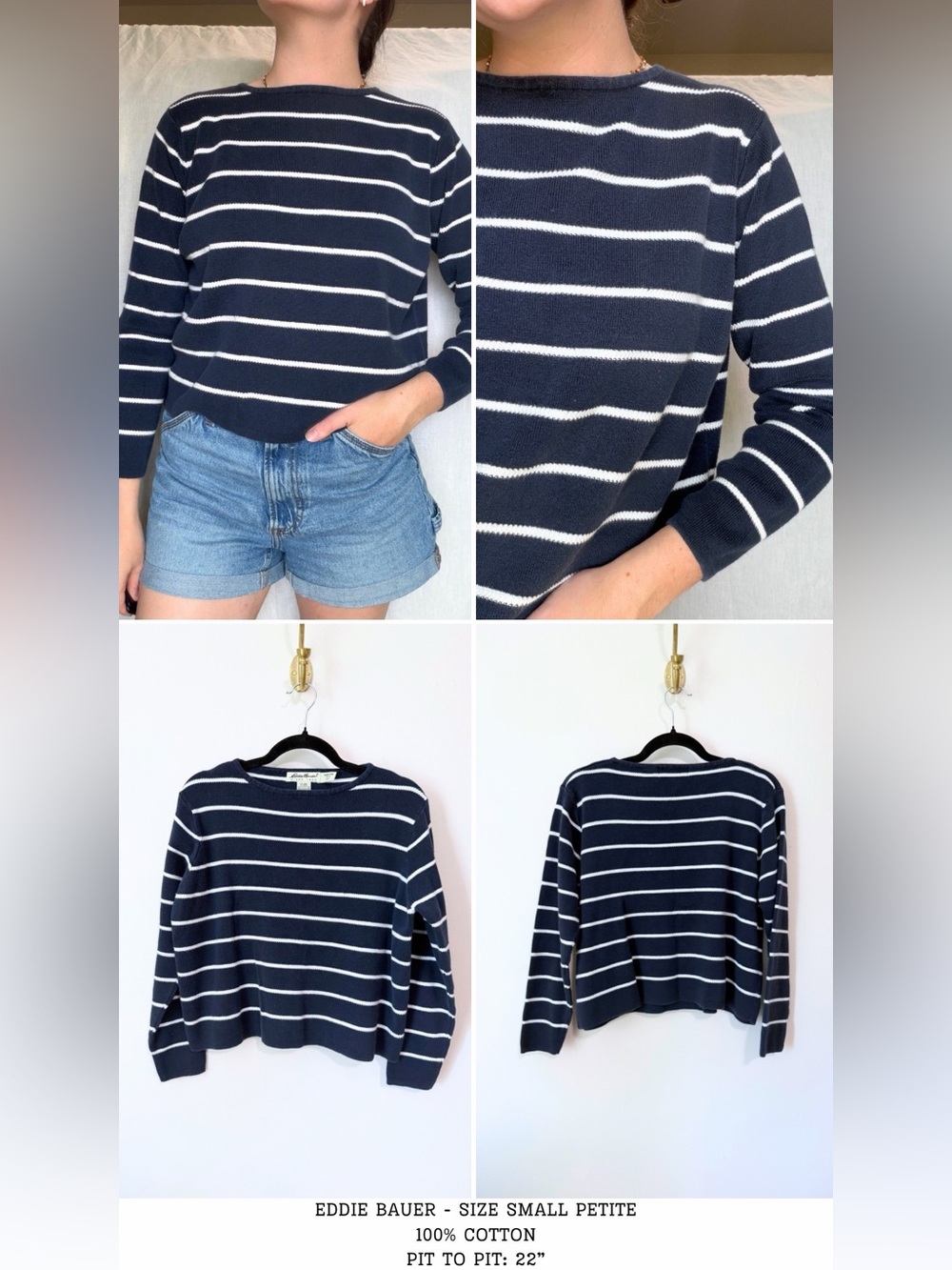 vintage eddie bauer navy/white stripe pullover sweater - small p 100% cotton - Picture 3 of 3